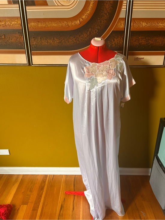 Vintage Other - Vintage Satin Long Nightgown with Pastel Floral Appliqué - Light Lavender & Pink